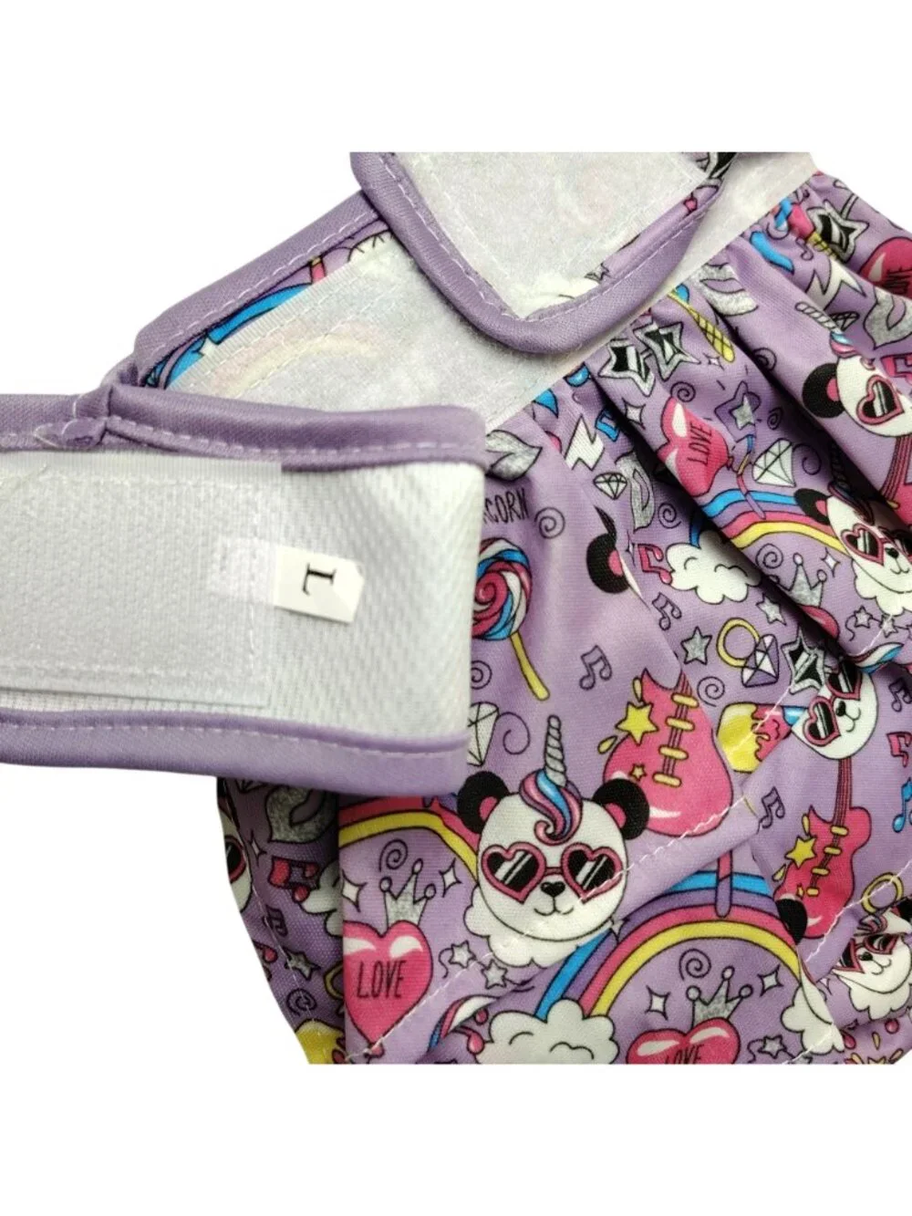 Dog Size Large Reusable, Adjustable Skirted Pet Diaper Purple Pandacorn Print